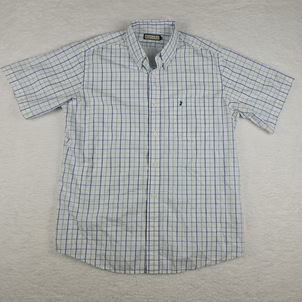 Mobile Bay Mens Sz Large S/S Button Collar Check Green Blue Vented Plaid Shirt